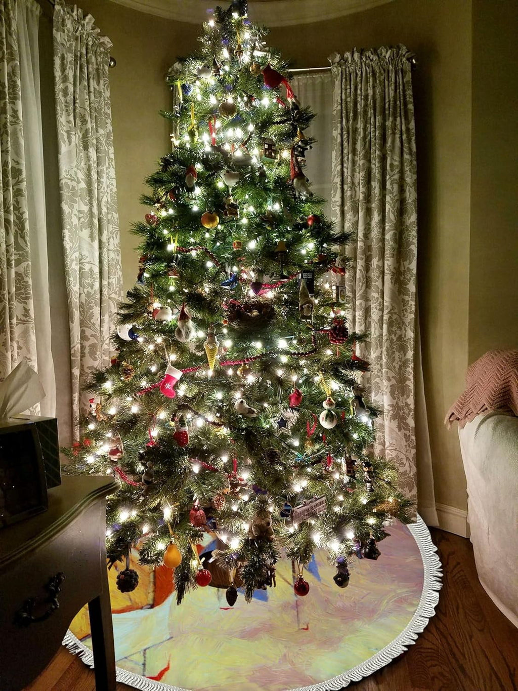 Wellsay Christmas Tree Skirt Fishing Ship Sea Landscape with Tassel 30 inch, Xmas Tree Decorations Farmhouse for All Season Holidays Wedding Party Slim Tree Mat Decor Ornaments