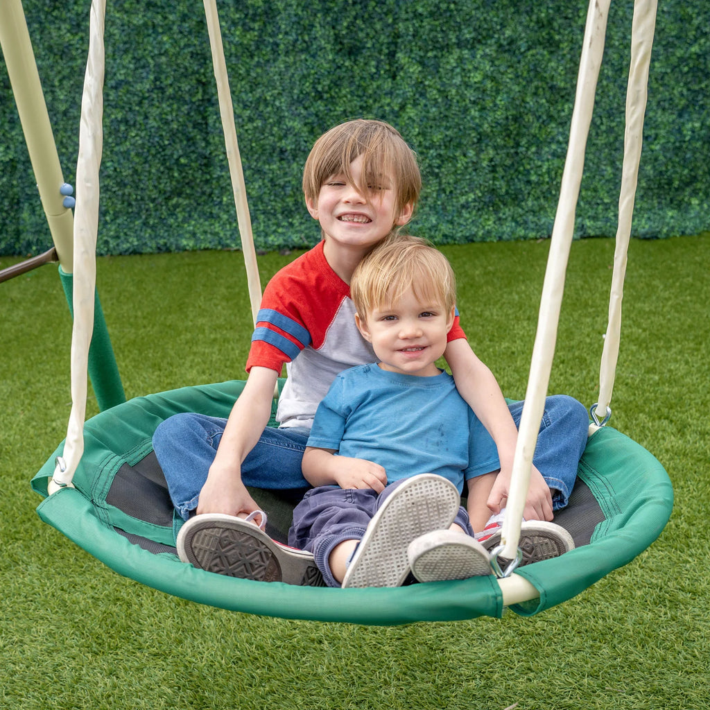 Sportspower Super Saucer Metal Swing Set with Padded Saucer Swing, Lifetime Warranty on Blow Molded Slide, and BONUS Anchor Kit