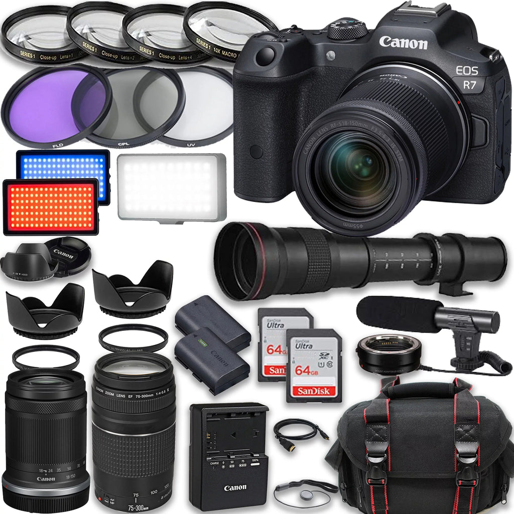 Canon EOS R7 Mirrorless Camera with RF-S 18-150mm IS STM + EF 75-300mm III + 420-800mm HD Lenses, Accessories included: 2X 64GB Memory Cards, LED Video Light, Microphone, Extra Battery, Case & More