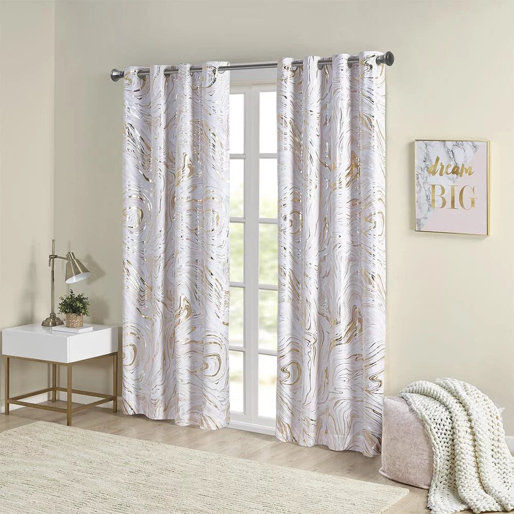 Intelligent Design Rebecca Grommet Top Printed Marble Metallic Total Blackout Curtain, Blush/Gold, 50x84"