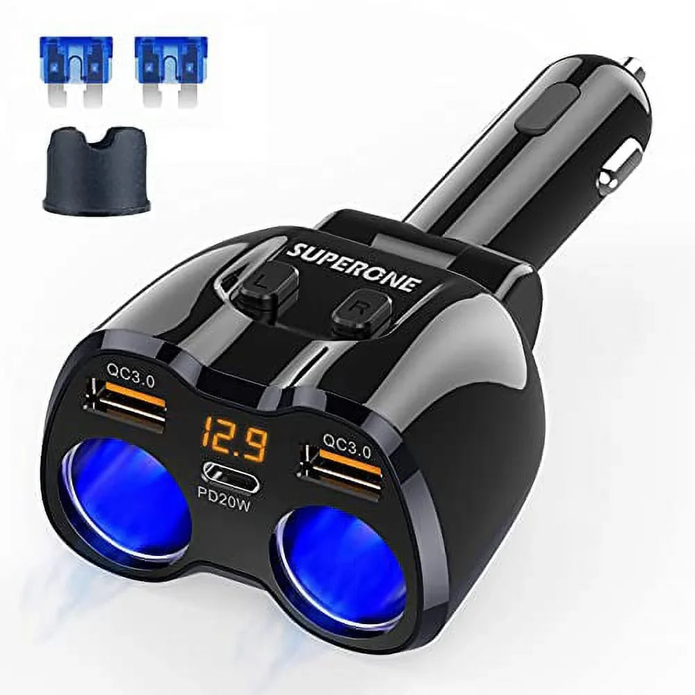 ?Upgraded? ette Lighter Splitter, SUPERONE 180W 2-Socket ette Lighter Adapter with Dual QC3.0 and 20W PD USB C Car Charger Splitter for GPS/Dash Cam/Laptop/iPad/iPhone 13 Pro Max/13/12/11