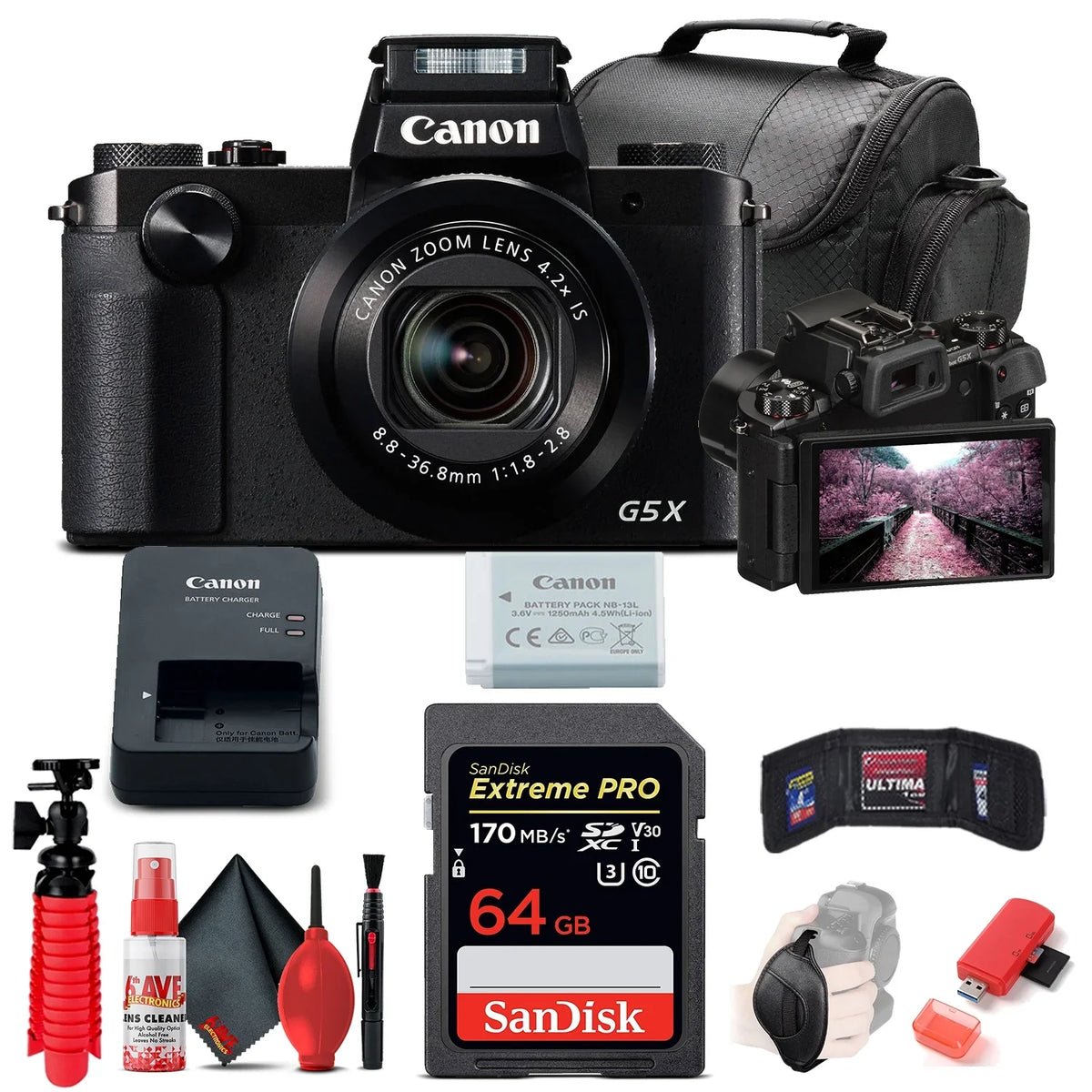 Canon PowerShot G5 X Digital Camera (0510C001), 64GB Card, Card Reader, Deluxe Soft Bag, Flex Tripod, Hand Strap, Memory Wallet, Cleaning Kit (International Model)