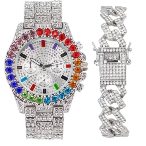 Charles Raymond Iced Out Mens Color on Blast Watch Single or Combo Sets with Blinged Out s Set. Iced Out Colourful Rainbow Flame Collection (ST10327CO-ZZ SLV)
