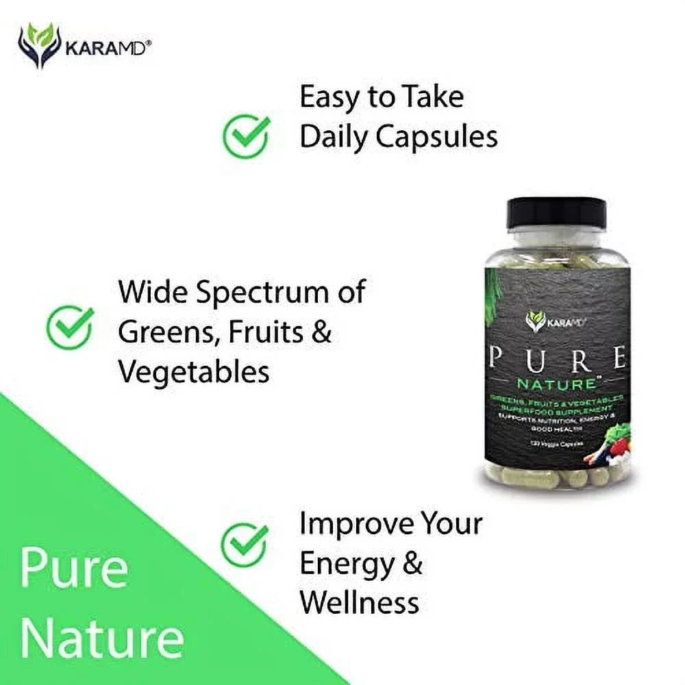 KaraMD Pure Nature | Dr Formulated Greens, Fruit & Vegetable Whole Food Health Supplement | Vitamins, Fiber & Antioxidant Superfood Nutrition | Natural Energy, Digestion & Immunity Boost, 120 Capsules