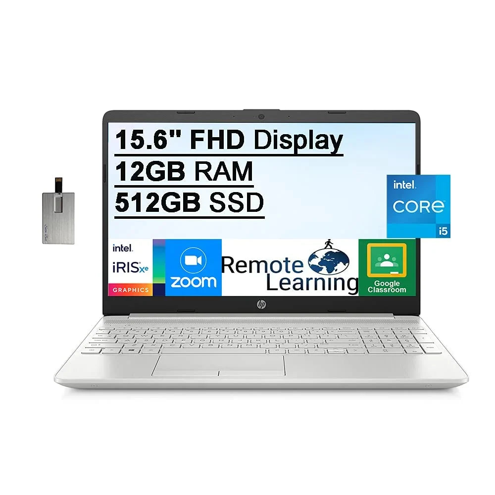 HP 2021 15.6" FHD Laptop Computer, 11th Gen Intel Core i5-1135G7(Beats i7-1065g7), 12GB DDR4 RAM, 512GB PCIe SSD, Intel Iris Xe Graphics, HD Webcam, Stereo Speakers, Windows 10, Silver, 32GB USB Card