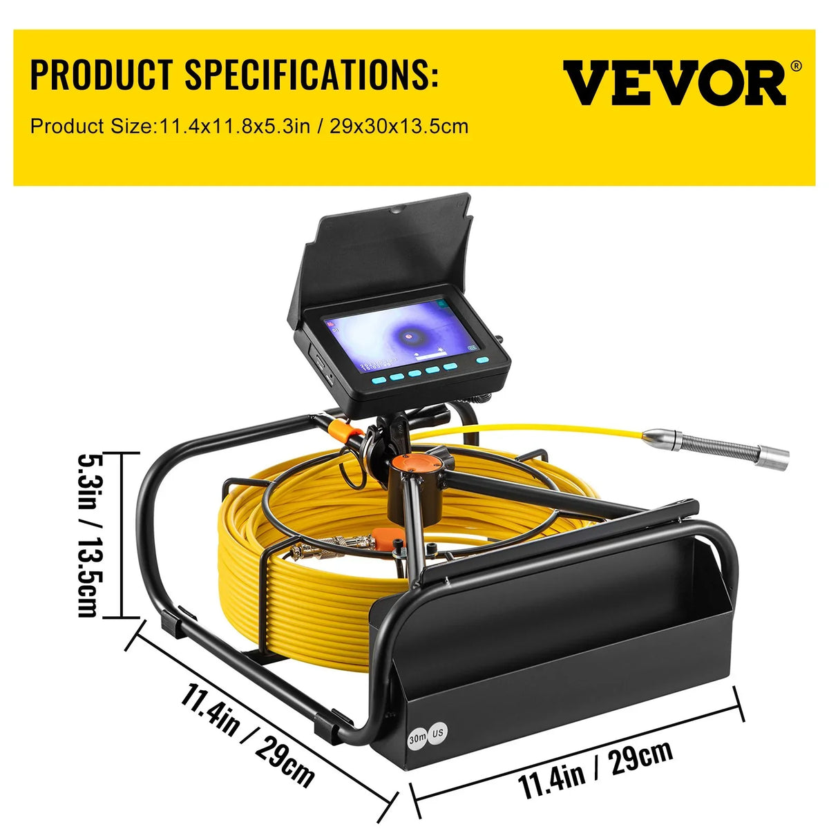 VEVOR Sewer Camera - 98.4 FT Cable, 4.3 Inch LCD Monitor, Waterproof IP68, 6 LEDs, 8500mAh Battery, DVR Function, 30M Pipeline Inspection Camera