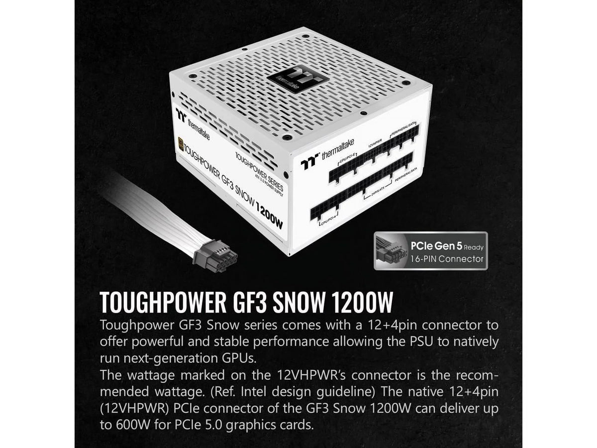 Thermaltake Toughpower GF3 Snow Edition 1200W 80+ Gold Full Modular SLI/Crossfire Ready ATX 3.0 Standard Power Supply, PCIe Gen.5 600W 12VHPWR Connector Included, PS-TPD-1200FNFAGU-N, 10 Year Warranty