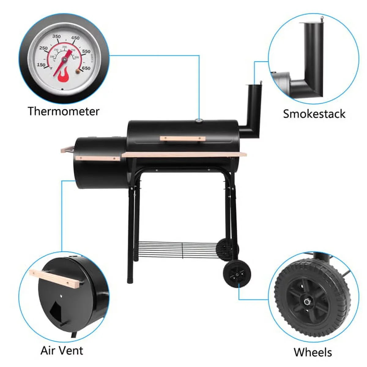 Grill, DFITO Charcoal BBQ Grill Outdoor Charcoal Grill with Smoker, 24.4" L x 29.6" H BBQ Grill with Side Burner/Thermometer, Small Grills Outdoor Cooking for Camp Backyard, Black