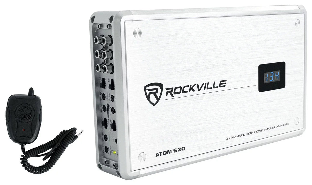 Rockville ATOM S20 4 Channel Bluetooth Amplifier w/Volt Meter+Mic For ATV/UTV
