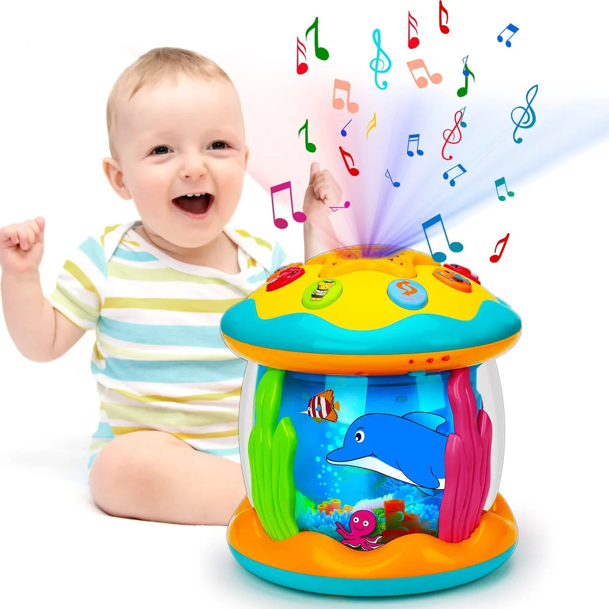 ISHANTECH Baby Toys 6 to 12 Months 4 in 1 Musical Projector Ocean Rotating Tummy Time Learning Crawling Light Up Toys