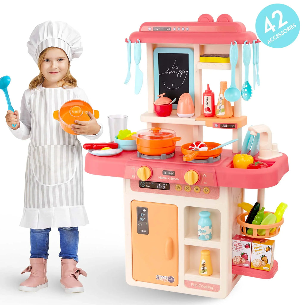 Play Kitchen Set for Kids Pretend Food, 42-Pack Kitchen Toys for Toddlers, Toy Accessories Toddler Set with Real Sounds and Lights, Educational Preschool Toys for Girls Boys, Pink