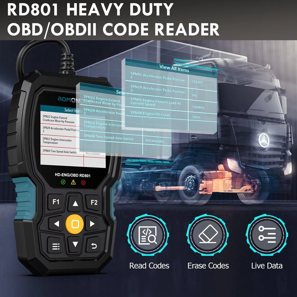 Romondes RD801 OBD2 Scanner Code Reader Heavy Duty Truck Diesel Truck Scanner Diagnostic Tool