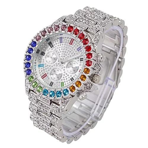 Charles Raymond Iced Out Mens Color on Blast Watch Single or Combo Sets with Blinged Out s Set. Iced Out Colourful Rainbow Flame Collection (ST10327CO-ZZ SLV)