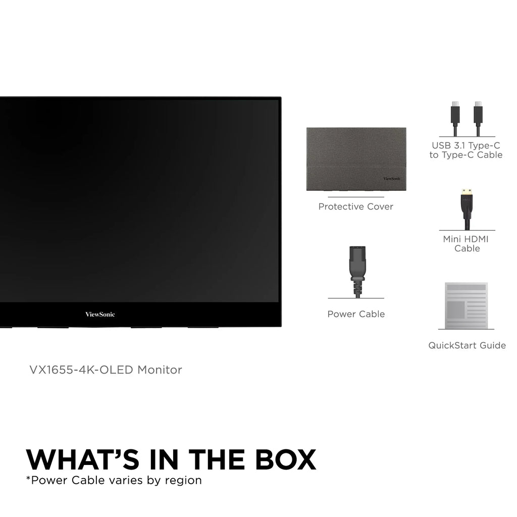ViewSonic VX1655-4K-OLED 15.6 Inch 4K UHD Portable OLED Monitor with 2 Way Powered 60W USB C, Mini HDMI, Dual Speakers, and Built in Stand with Smart Wrap