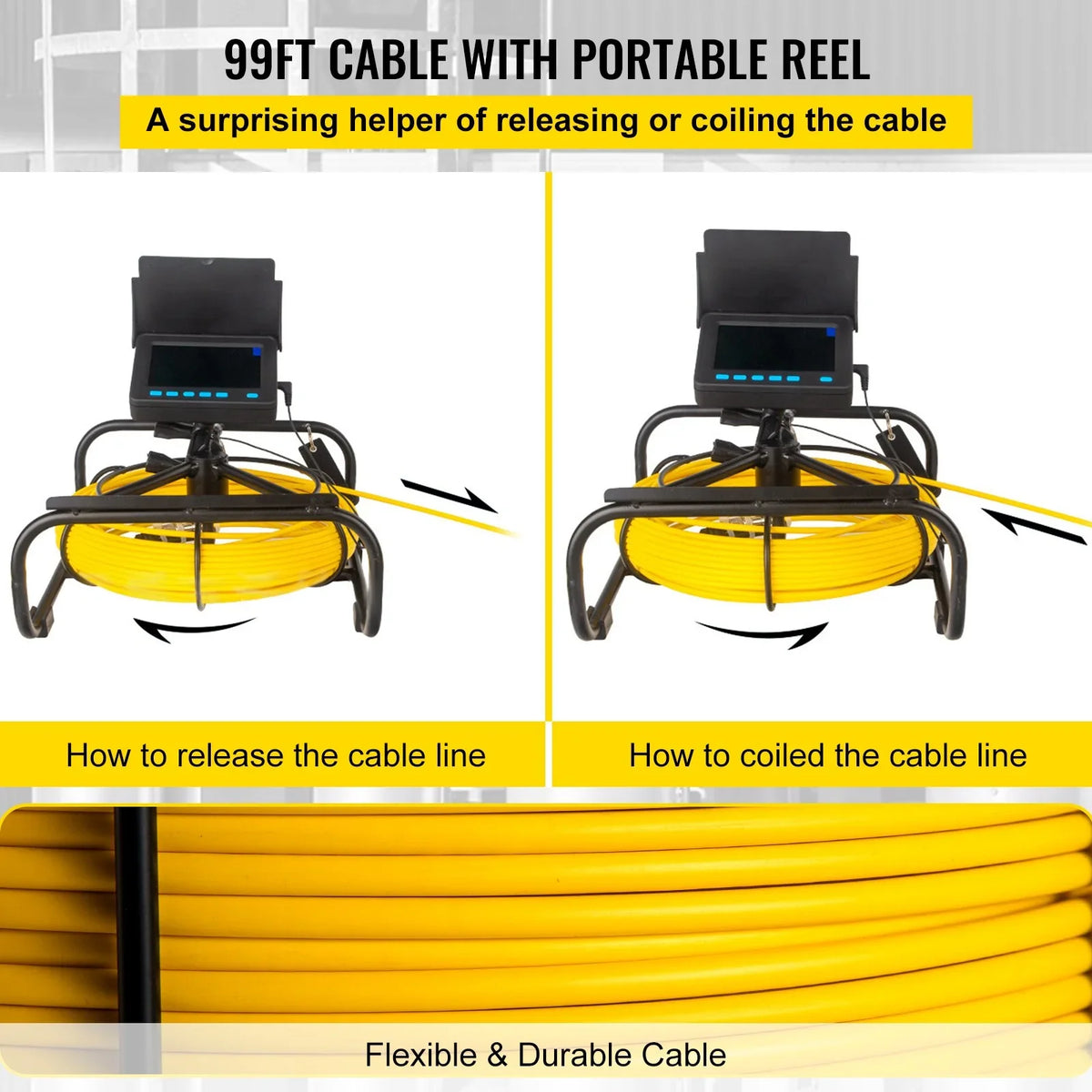 VEVOR Sewer Camera - 98.4 FT Cable, 4.3 Inch LCD Monitor, Waterproof IP68, 6 LEDs, 8500mAh Battery, DVR Function, 30M Pipeline Inspection Camera