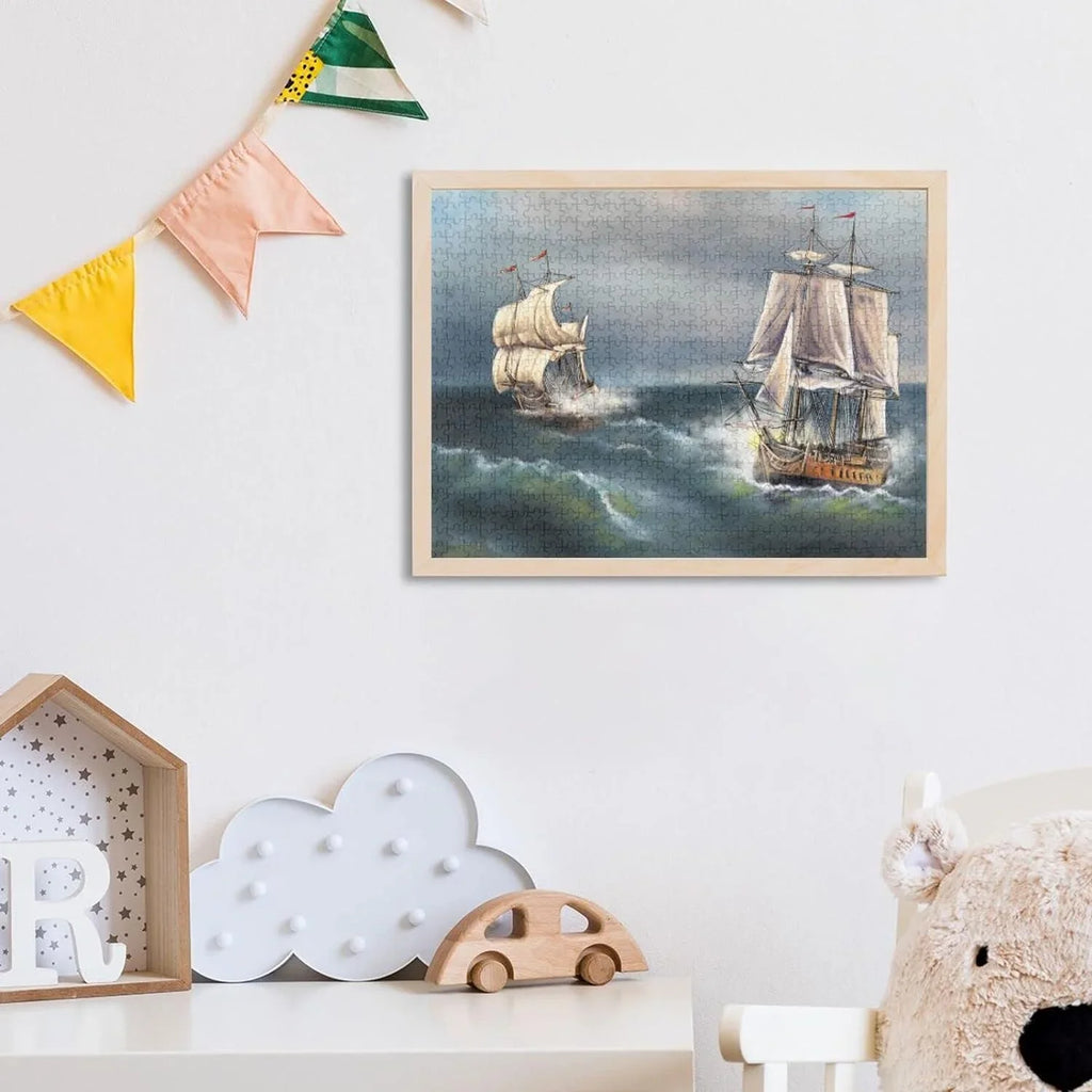 SKYSONIC Oil Paintings Sea Landscape Ship 500 Pcs of Irregular Puzzle in a Box, Printed with Colored Letters on Back to Reduce Difficulty, a Happy Time of Cooperation