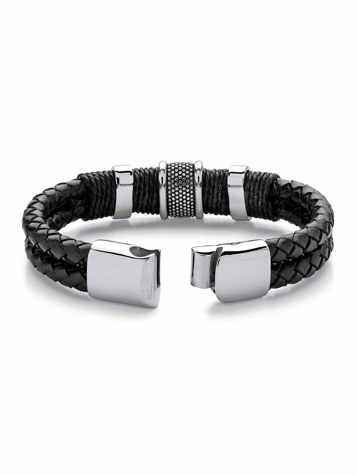 PalmBeach Jewelry Men's Tribal With Magnetic Clasp in Stainless Steel and Braided Black Leather 8"