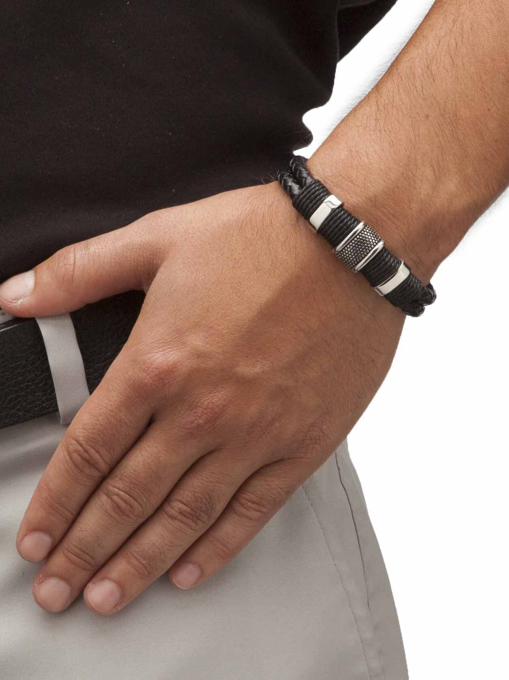 PalmBeach Jewelry Men's Tribal With Magnetic Clasp in Stainless Steel and Braided Black Leather 8"