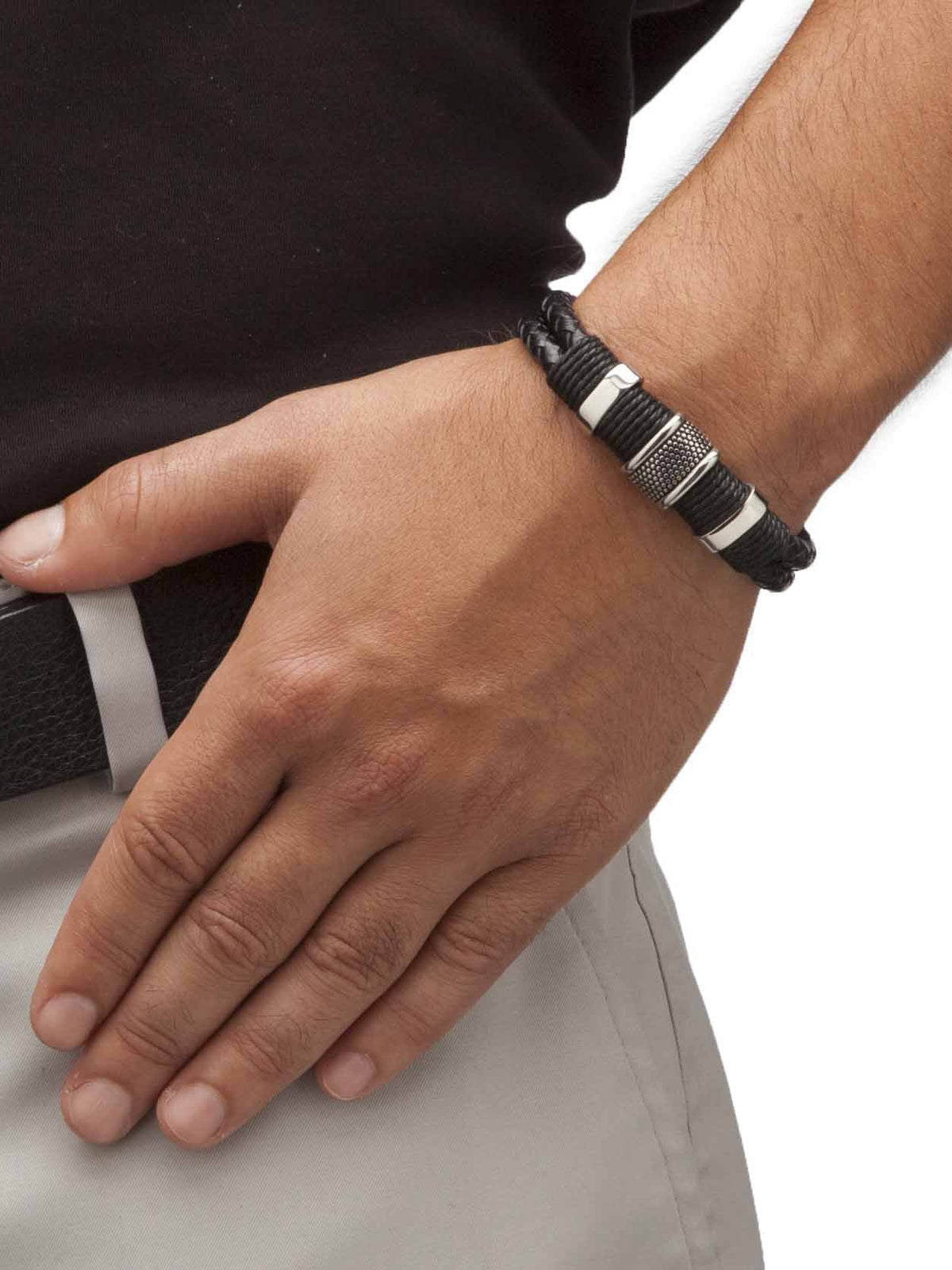 PalmBeach Jewelry Men's Tribal With Magnetic Clasp in Stainless Steel and Braided Black Leather 8"