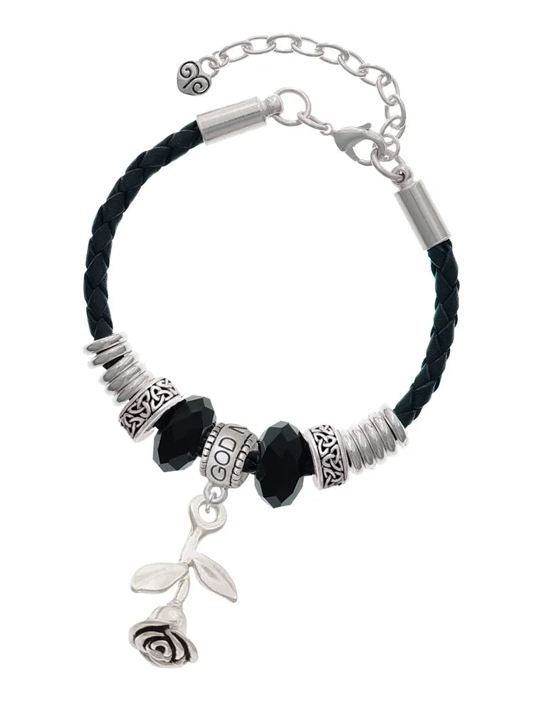 Delight Jewelry Silvertone Stemmed Rose Godmother Celtic Knot Leather Bead , 7"+2" Extender