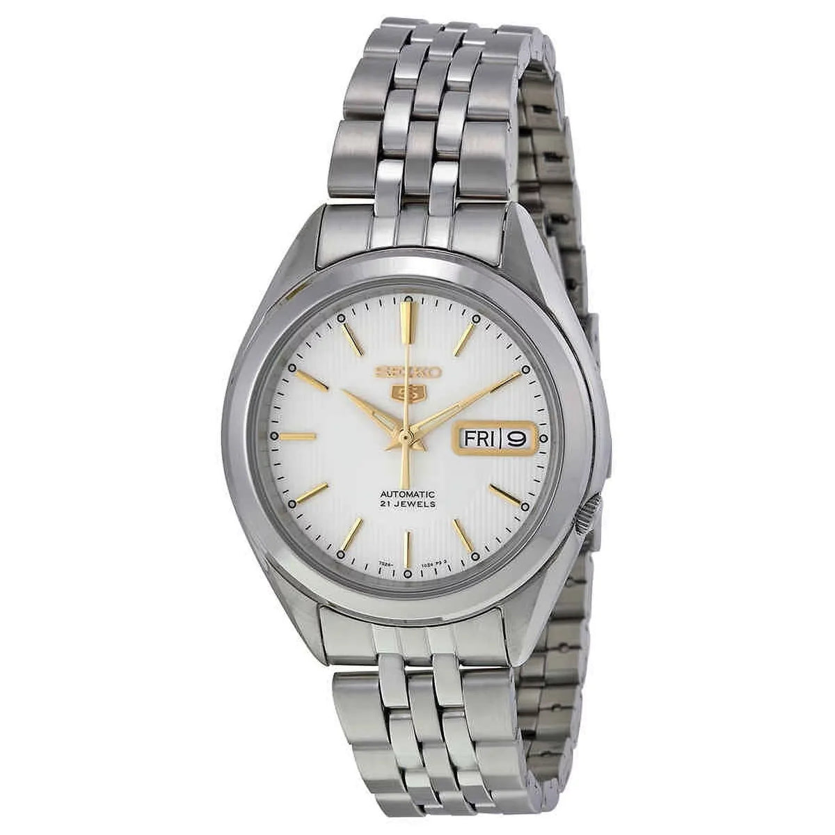 Seiko Men's 5 Automatic Watch - White/Silver Dial with Gold-Tone - Steel