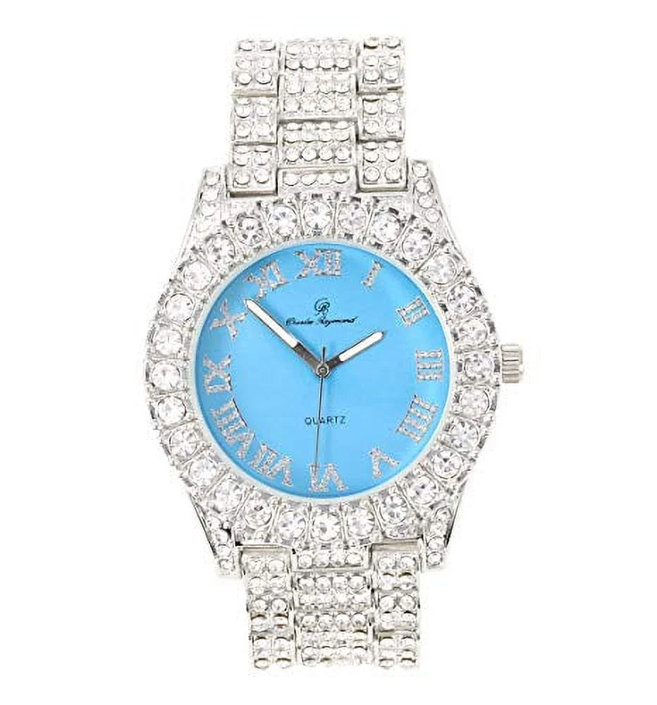 Mens Silver Big Rocks with Roman Numerals Fully Iced Out Colorful Dial Watch w/Bling'ed Out Cuban Shiny Silver - ST10327 RN Cuban (Silver Baby Blue)
