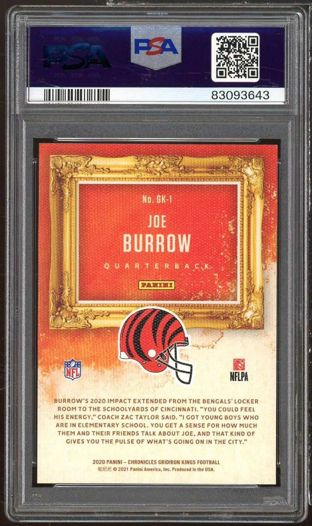 Joe Burrow Rookie Card 2020 Panini Chronicles Gridiron Kings Green #GK-1 PSA 9