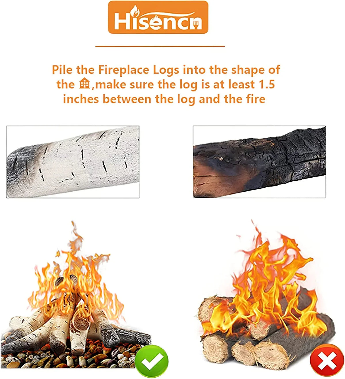 Grisun 26.8" Large Gas Fireplace Logs, Ceramic White Birch Wood Logs for Indoor Inserts, Outdoor Firebowl, Fire Pits, Vented, Propane, Gel, Ethanol, Electric, Realistic Fireplace Decoration, 6 Pcs