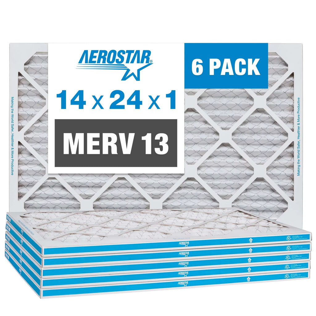 Aerostar 14x24x1 MERV 13, Pleated Air Filter, 14x24x1, Box of 6, Made in the