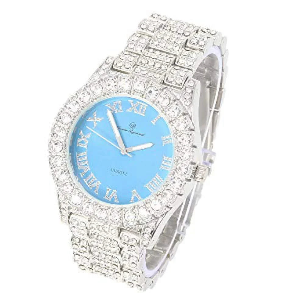 Mens Silver Big Rocks with Roman Numerals Fully Iced Out Colorful Dial Watch w/Bling'ed Out Cuban Shiny Silver - ST10327 RN Cuban (Silver Baby Blue)