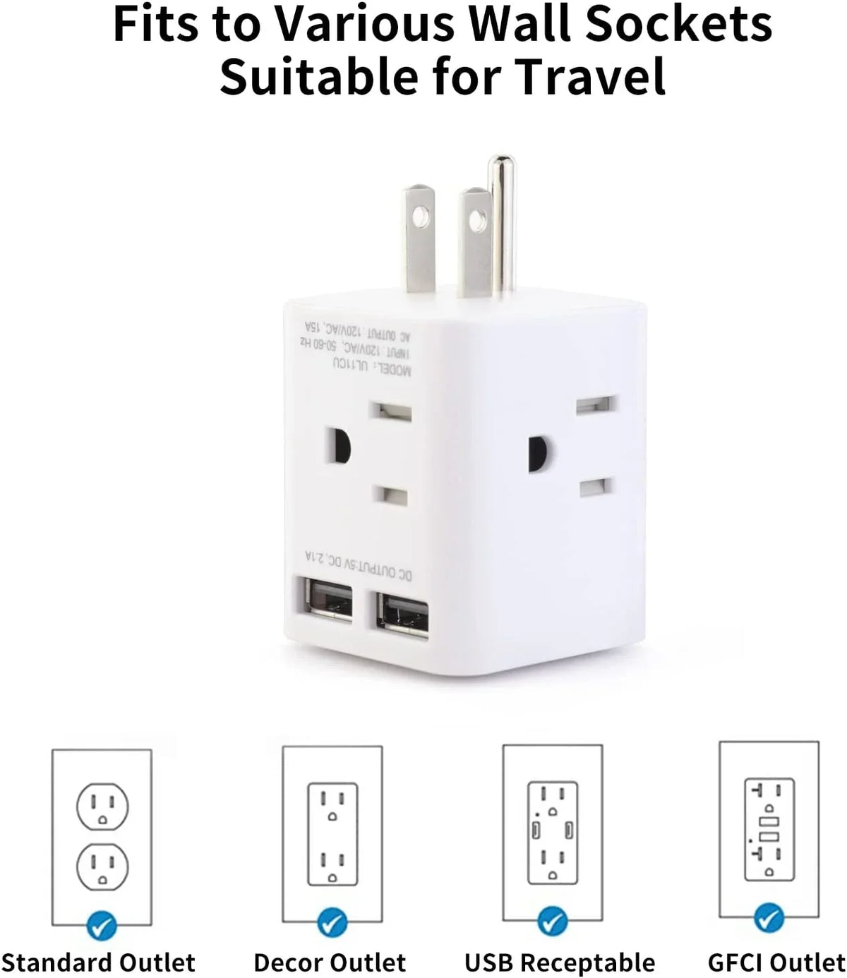 Multi Plug Outlet Extender with 2 USB and 4 AC Sockets, Wonplug Right Angle Plug Adapter Splitter 3 Prong Adapter Wide Spaced Cube Wall Charger for Home Office Cruise Ship Travel,White