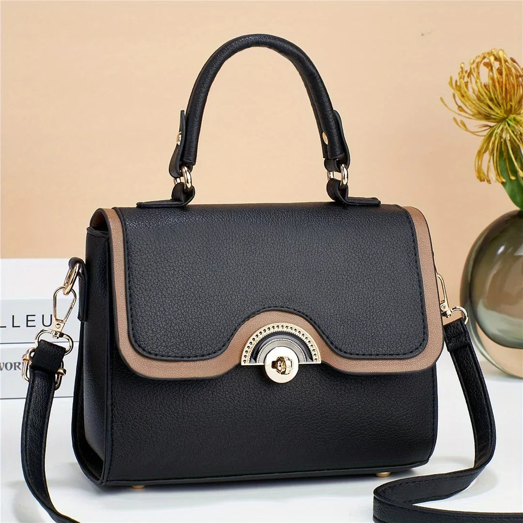 Junior Color Ontrast Handbags, Trendy Turn Lock Crossbody Bag, Women's Flap Square Purses