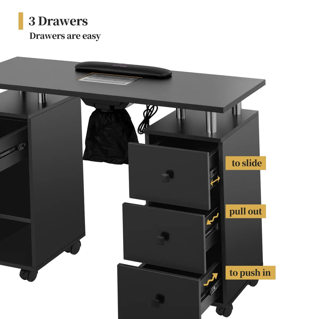 LUXMARS Manicure Table Nail Desk for Technician, Nail Table w/ Electric Dust Collector & Wrist Rest Cushion, Acetone Resistant Nail Table Station w/Lockable Wheels & Drawers & Cabinet - Black
