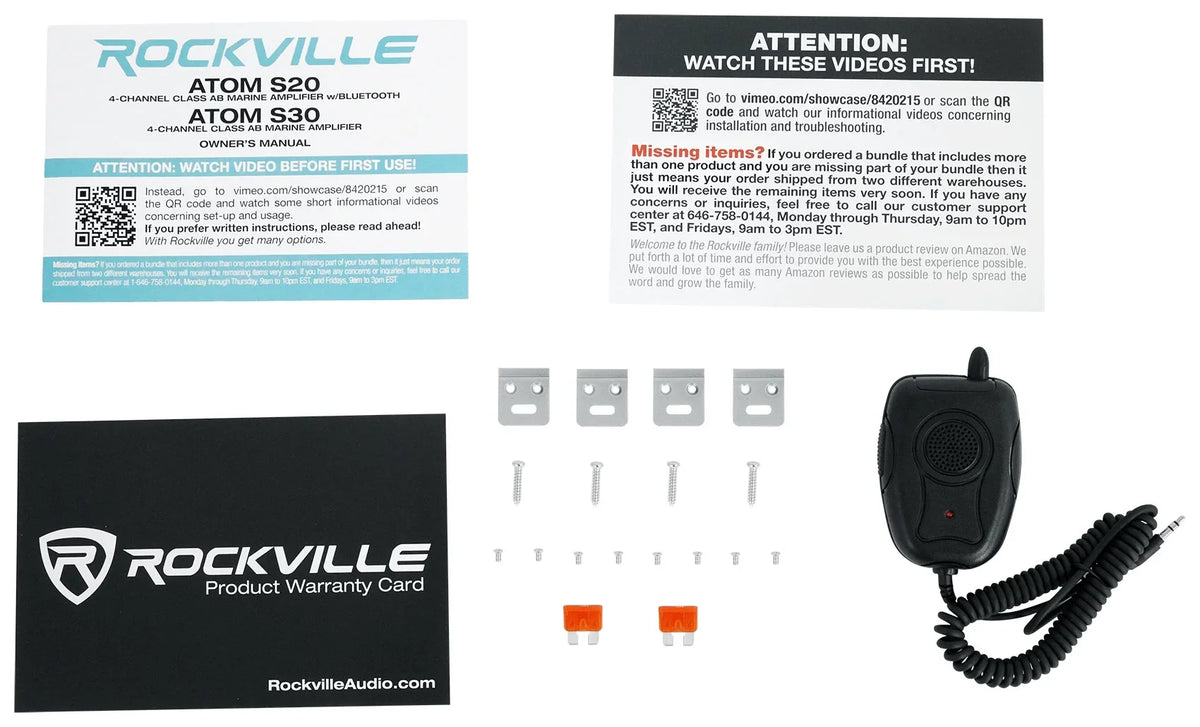 Rockville ATOM S20 4 Channel Bluetooth Amplifier w/Volt Meter+Mic For ATV/UTV