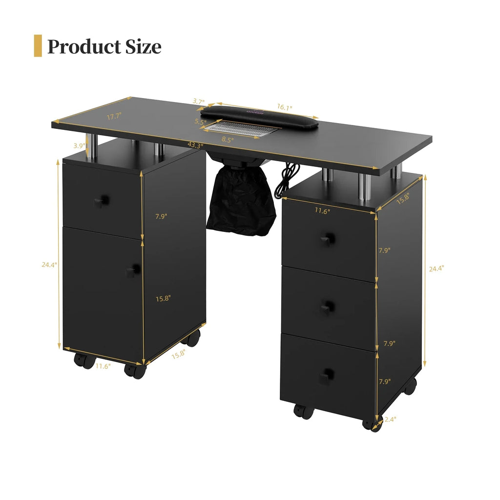LUXMARS Manicure Table Nail Desk for Technician, Nail Table w/ Electric Dust Collector & Wrist Rest Cushion, Acetone Resistant Nail Table Station w/Lockable Wheels & Drawers & Cabinet - Black