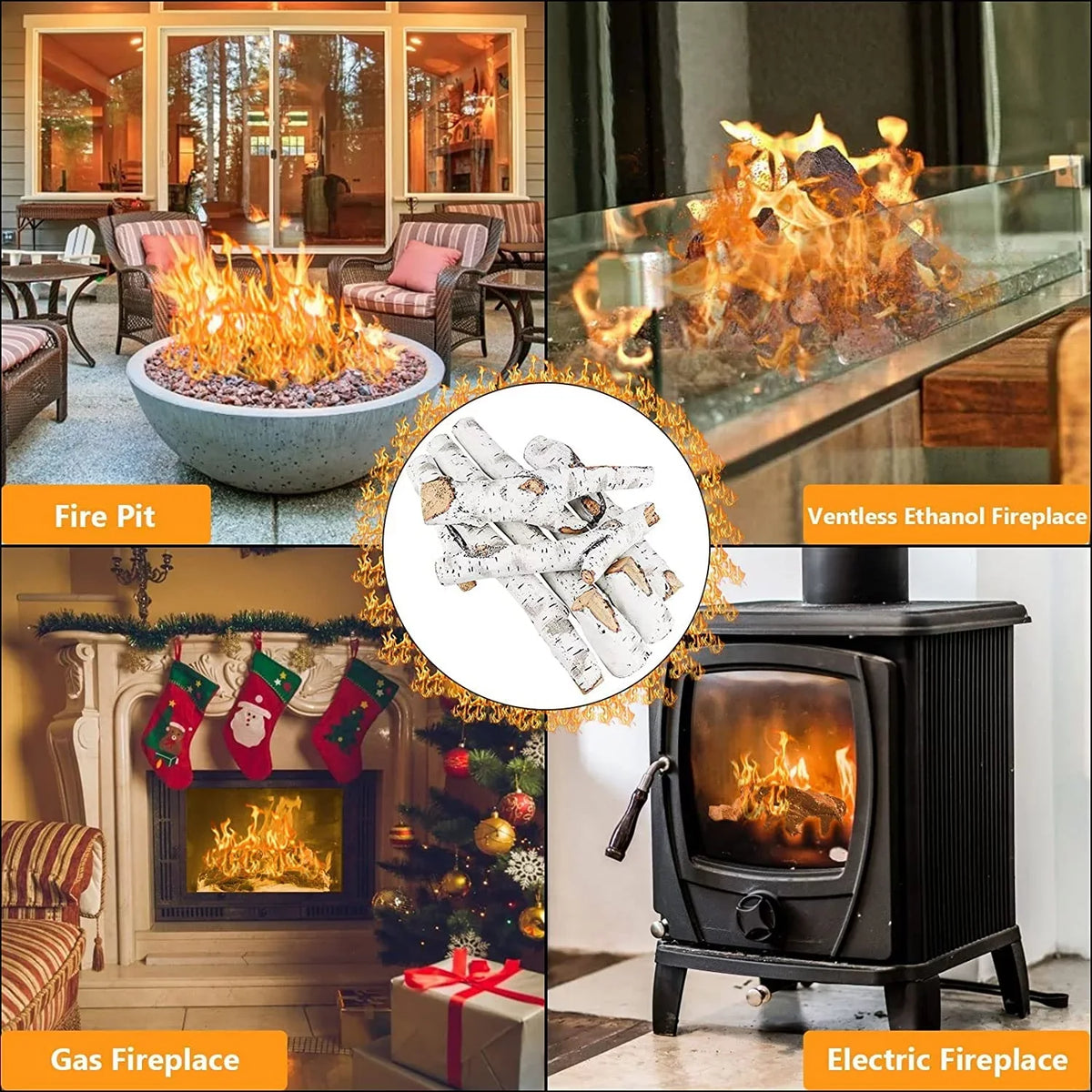 Grisun 26.8" Large Gas Fireplace Logs, Ceramic White Birch Wood Logs for Indoor Inserts, Outdoor Firebowl, Fire Pits, Vented, Propane, Gel, Ethanol, Electric, Realistic Fireplace Decoration, 6 Pcs