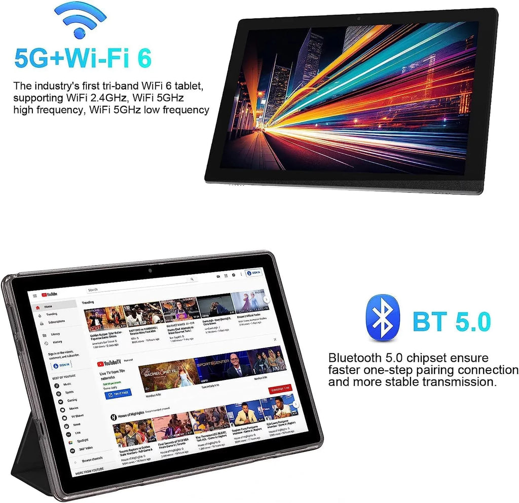 10 Inch Android 11 Tablet PC, 6GB RAM 128GB ROM/1TB Expandable Computer Tablets, BT 5G Wi-Fi 6 Quad Core Tableta, IPS HD Touch Screen, 8MP Camera, Google GMS Certified Tablets with Leather Case(Black)