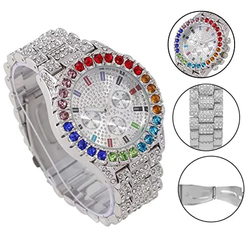 Charles Raymond Iced Out Mens Color on Blast Watch Single or Combo Sets with Blinged Out s Set. Iced Out Colourful Rainbow Flame Collection (ST10327CO-ZZ SLV)