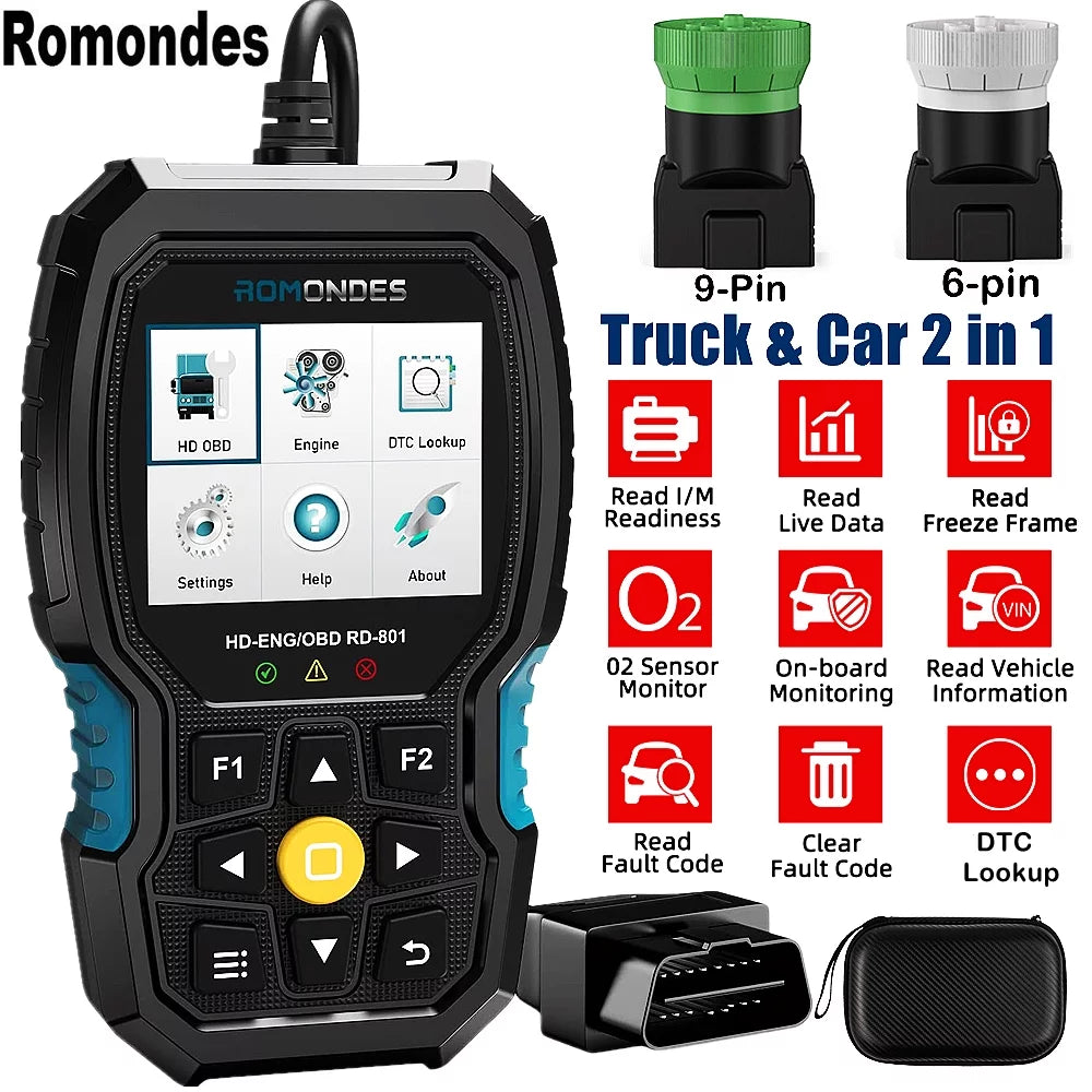 Romondes RD801 OBD2 Scanner Code Reader Heavy Duty Truck Diesel Truck Scanner Diagnostic Tool
