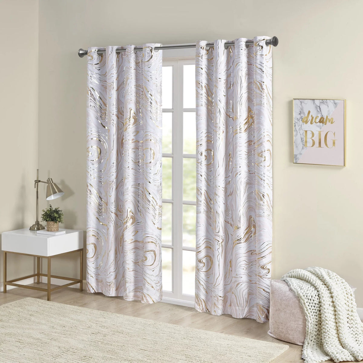 Intelligent Design Rebecca Grommet Top Printed Marble Metallic Total Blackout Curtain, Blush/Gold, 50x84"