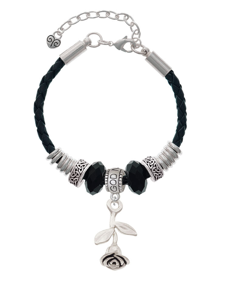Delight Jewelry Silvertone Stemmed Rose Godmother Celtic Knot Leather Bead , 7"+2" Extender