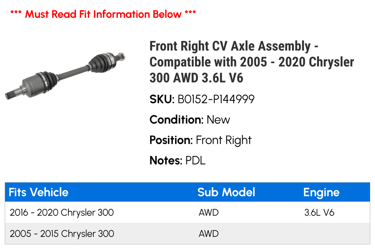Front Right CV Axle Assembly - Compatible with 2005 - 2020 Chrysler 300 AWD 3.6L V6 2006 2007 2008 2009 2010 2011 2012 2013 2014 2015 2016 2017 2018 2019