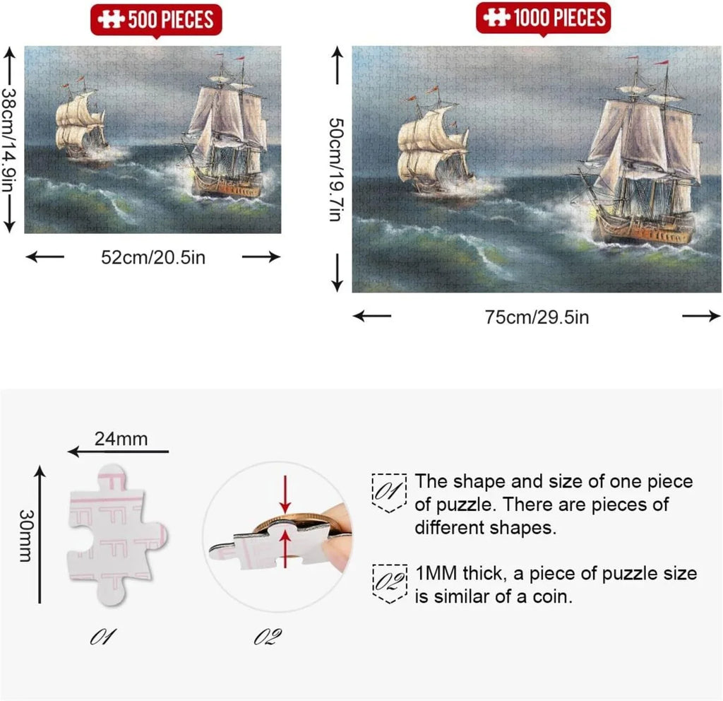 SKYSONIC Oil Paintings Sea Landscape Ship 500 Pcs of Irregular Puzzle in a Box, Printed with Colored Letters on Back to Reduce Difficulty, a Happy Time of Cooperation