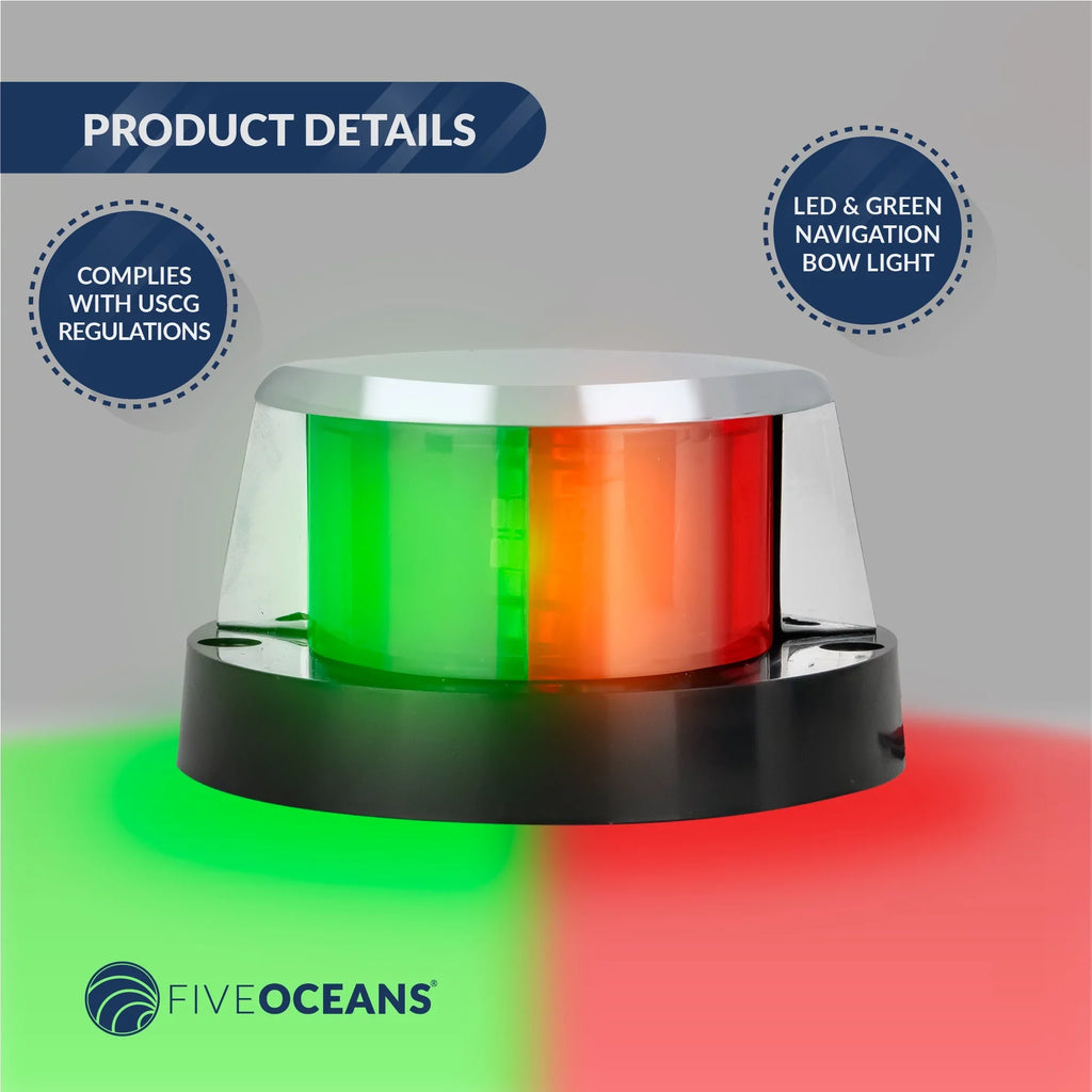 Five Oceans Ship Navigation Lights - LED Bow Light, Navigation Lights for Craft LED Red and Green, Craft Lights Navigation Horizontal Mount Bi-Color Light, 12V, USCG Rules 2NM - FO4429