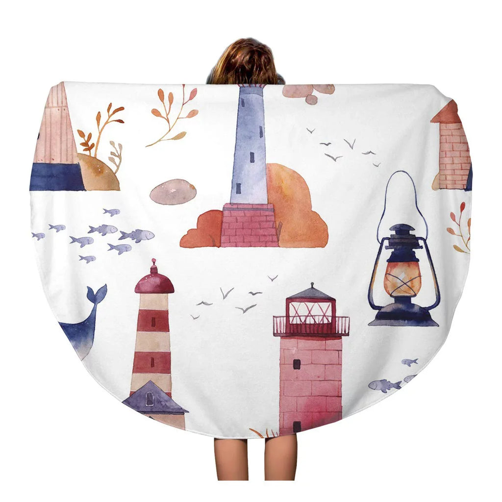 KDAGR 60 inch Round Beach Towel Blanket Watercolor Lighthouse Sea Cartoon Ship Seagull Whale Fish Lamp Travel Circle Circular Towels Mat Tapestry Beach Throw