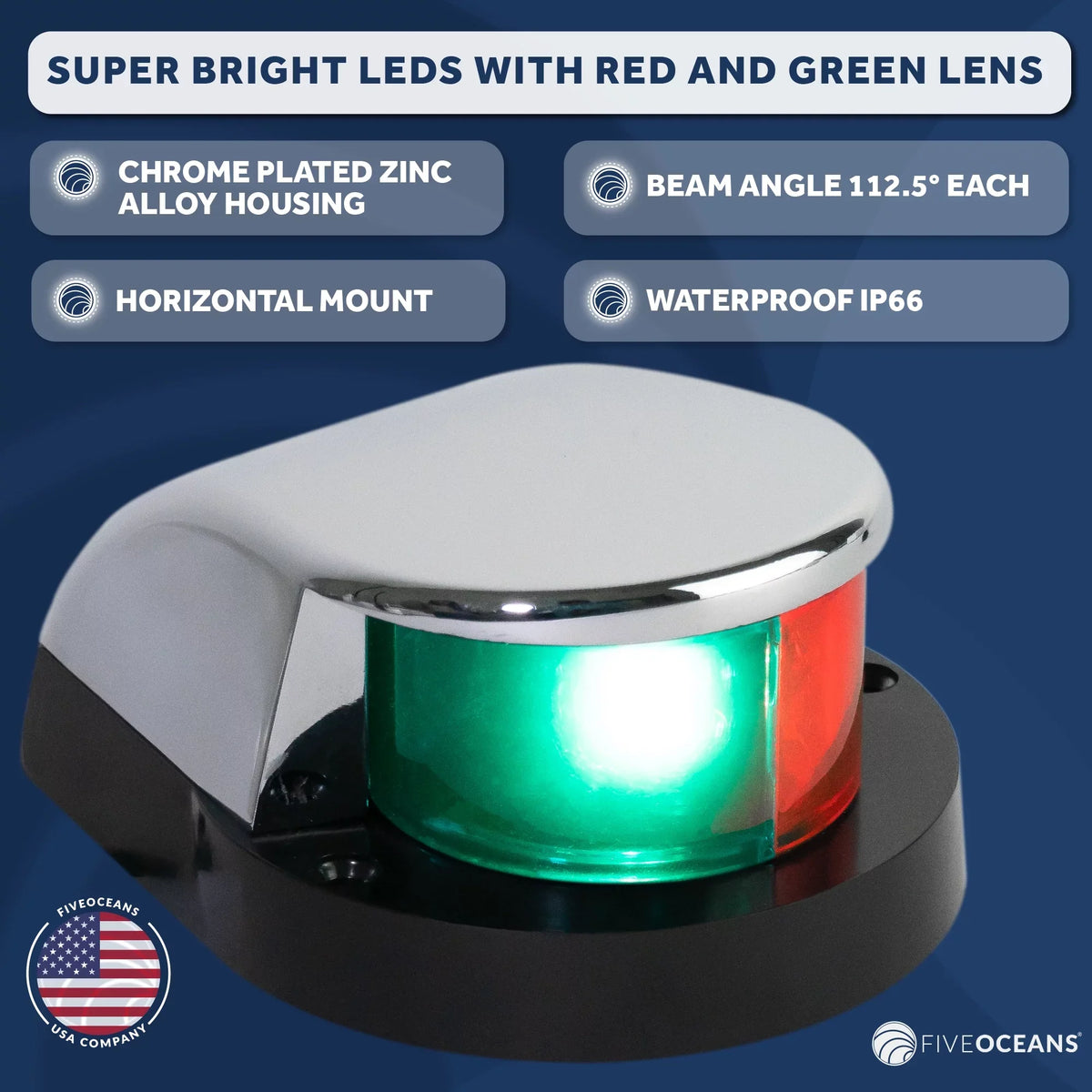 Five Oceans Ship Navigation Lights - LED Bow Light, Navigation Lights for Craft LED Red and Green, Craft Lights Navigation Horizontal Mount Bi-Color Light, 12V, USCG Rules 2NM - FO4429