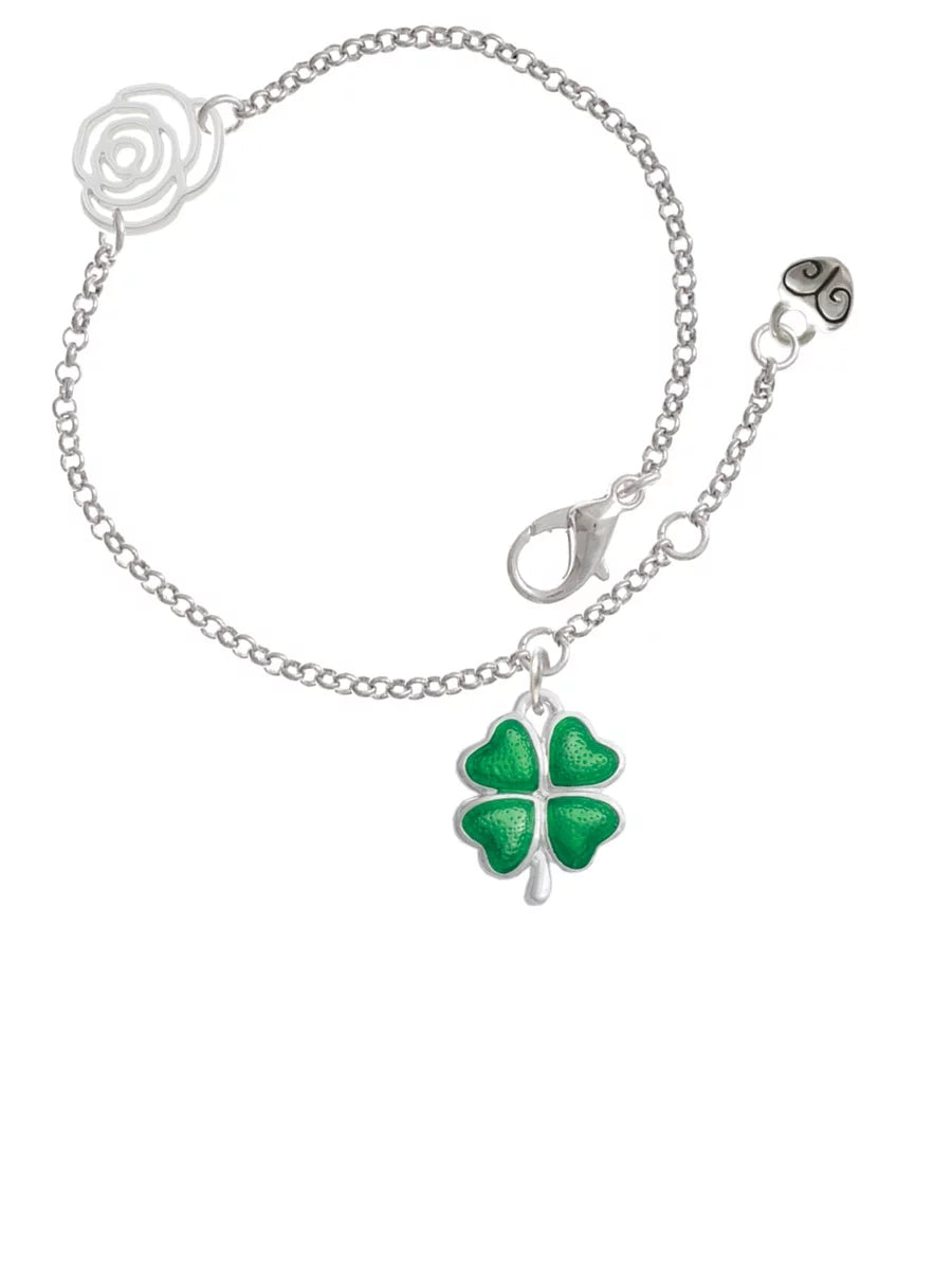 Delight Jewelry Silvertone Translucent Green Lucky Four Leaf Clover Silver-tone Rose Link Chain , 6.25"+1.75" Extender