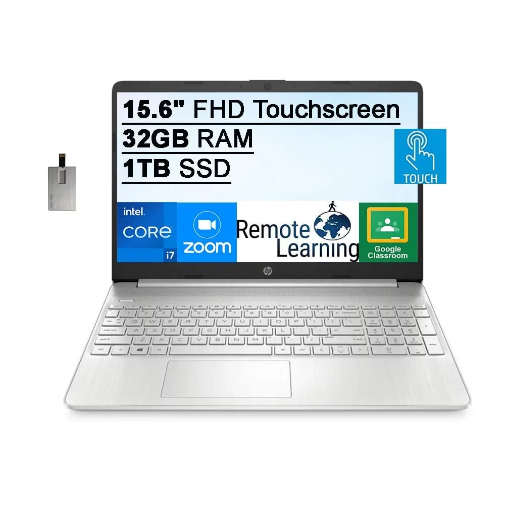 HP 2021 15.6" FHD IPS Touchscreen Laptop Computer, Intel Core i7-1165G7 (Beats i7-1065g7), 32GB RAM, 1TB SSD, Intel Iris Xe Graphics, HD Webcam, HD Audio, Windows 11 S, Silver, 32GB SnowBell USB Card