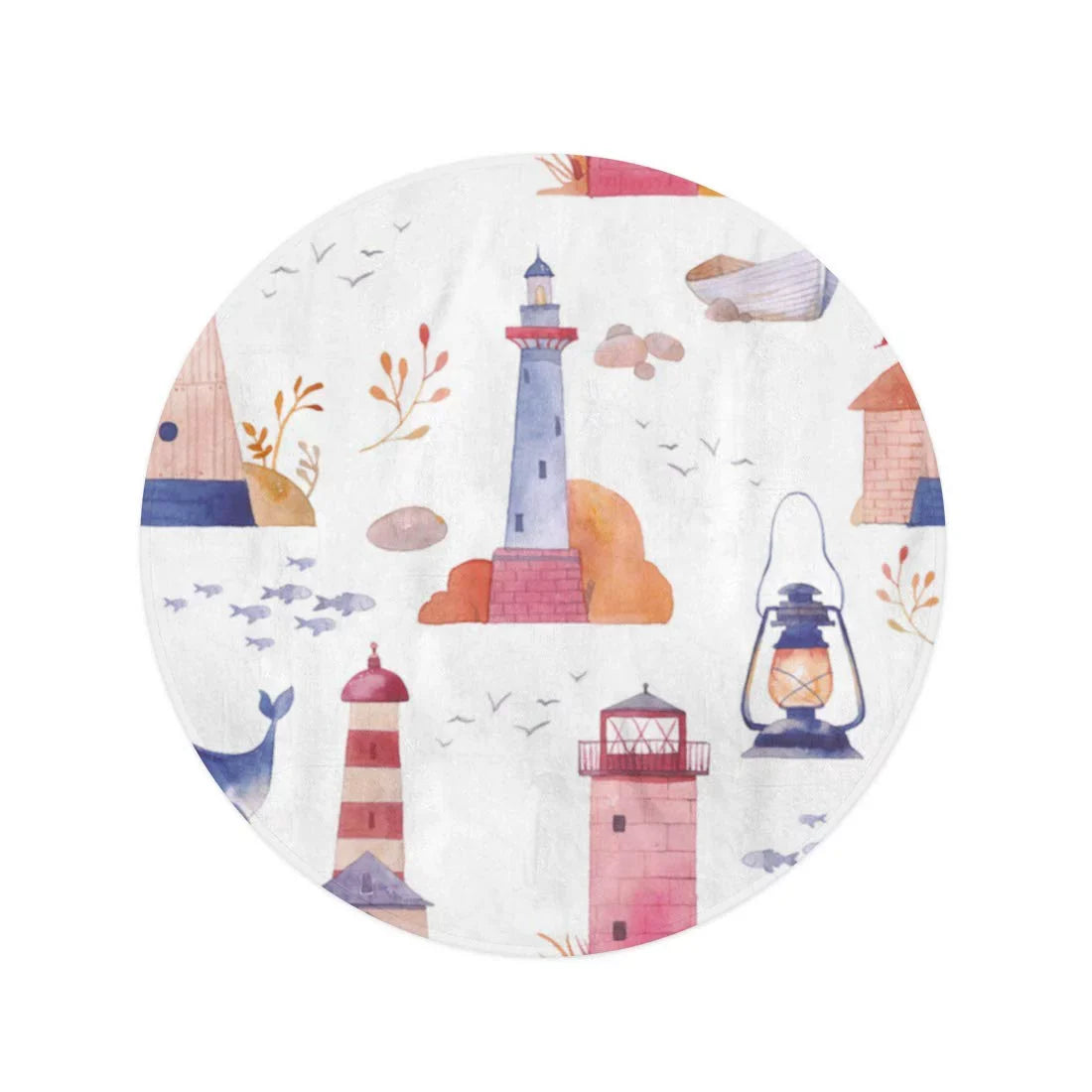 KDAGR 60 inch Round Beach Towel Blanket Watercolor Lighthouse Sea Cartoon Ship Seagull Whale Fish Lamp Travel Circle Circular Towels Mat Tapestry Beach Throw