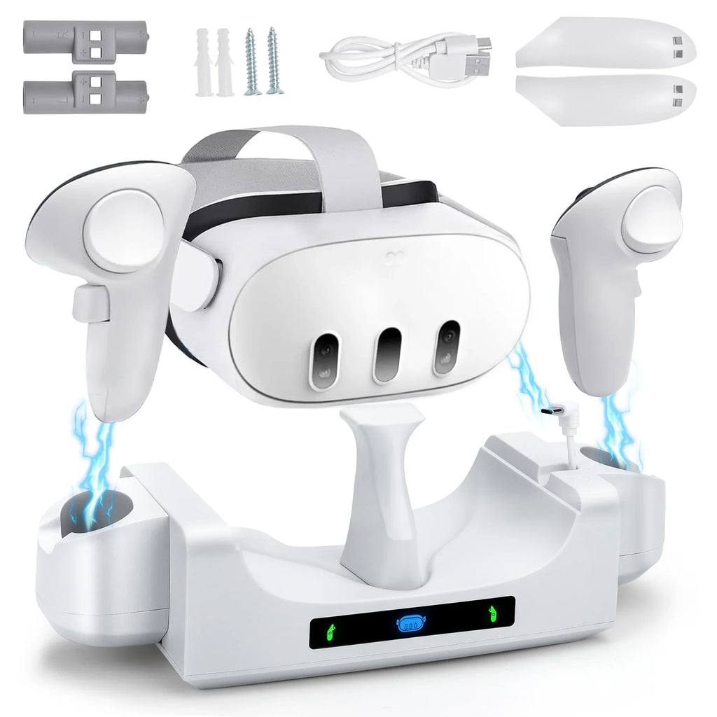 EEEkit Charging Station Fit for Oculus/Meta Quest 3 Headset and Controller, Dual-use Charging Stand with 2 Rechargeable Batteries, Battery Wrap Wall Mount Charging Dock